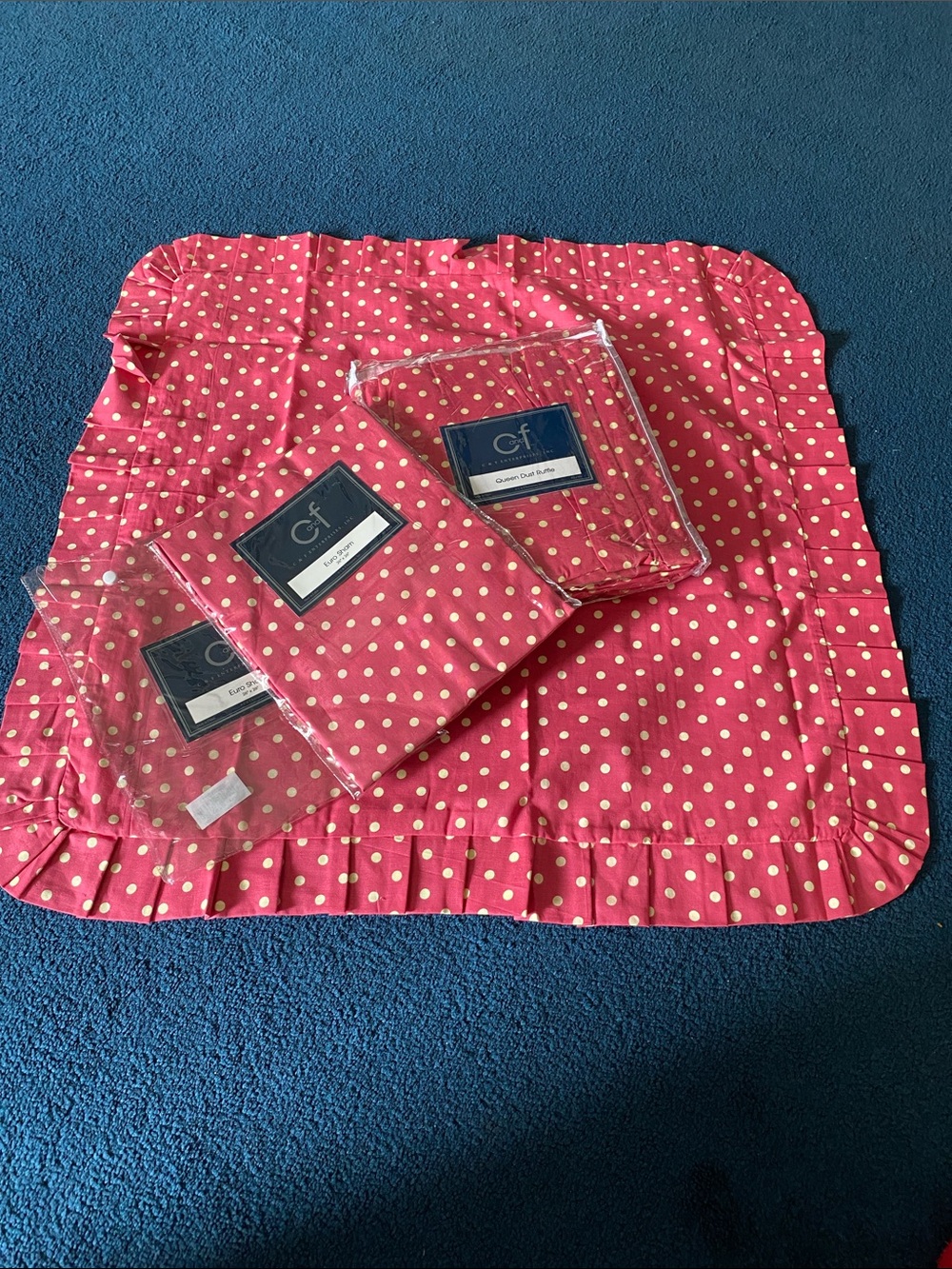 C&F Enterprises Inc.  Red & Cream Polka Dot Queen Bed Ruffled and Pillow Shams